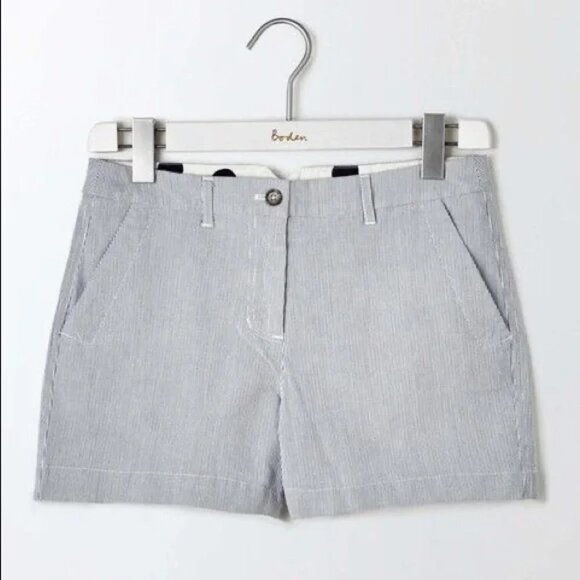 Boden Blue and white searsucker 3" shorts side and back pockets. US size 6 - Picture 2 of 12